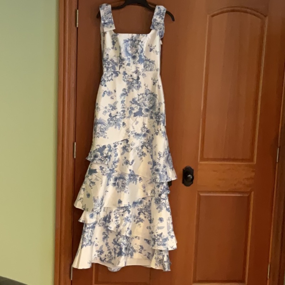 Dessy Collection Blue and White Elegant Maxi Dress, Size 0